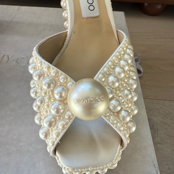 JIMMY CHOO White Satin Pearl Bridal SACARIA 120 Platform Heels 39/8, In Box, A++ - Picture 6 of 16